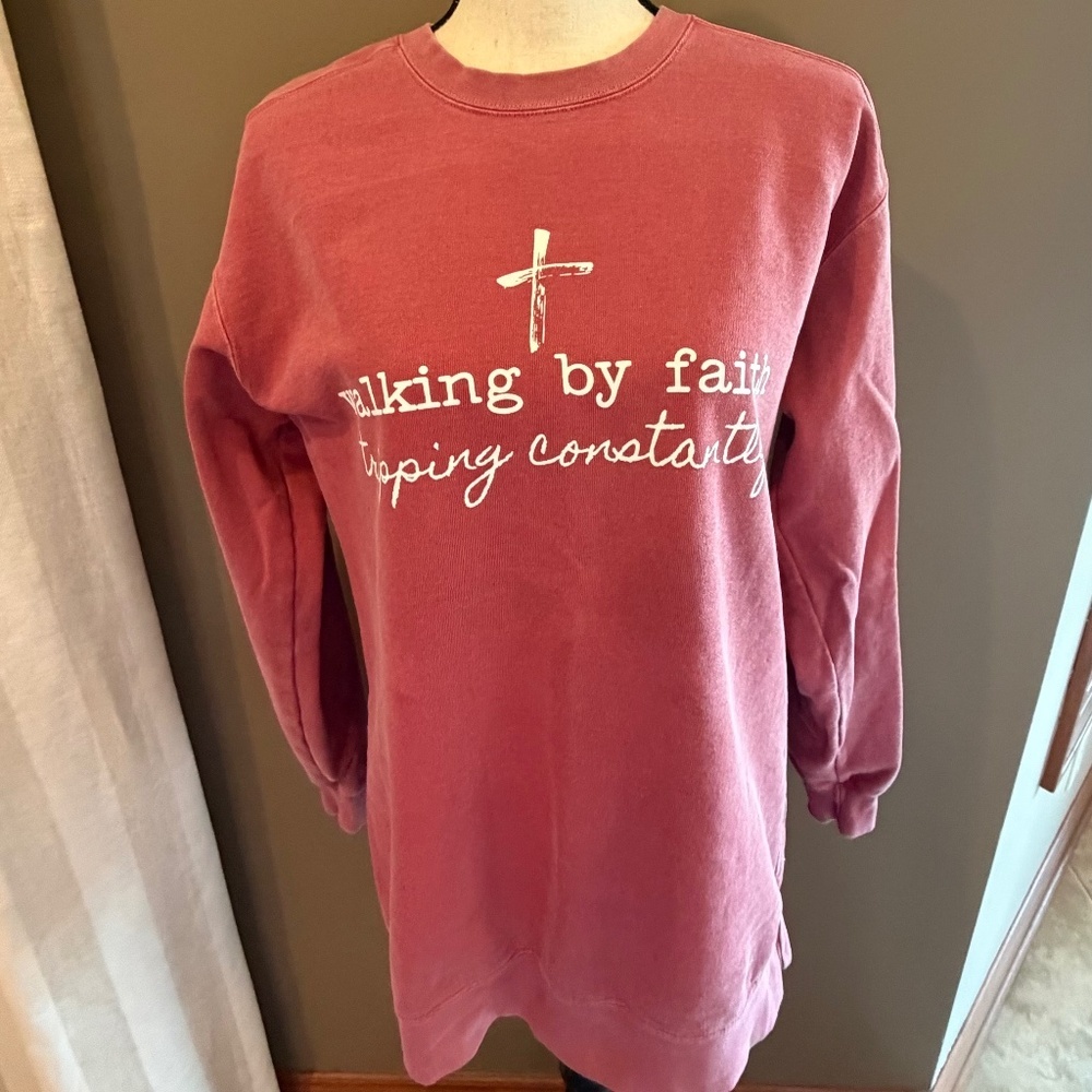 Walking by Faith Tripping Constantly Pink Crew Sweatshirt, Size Medium